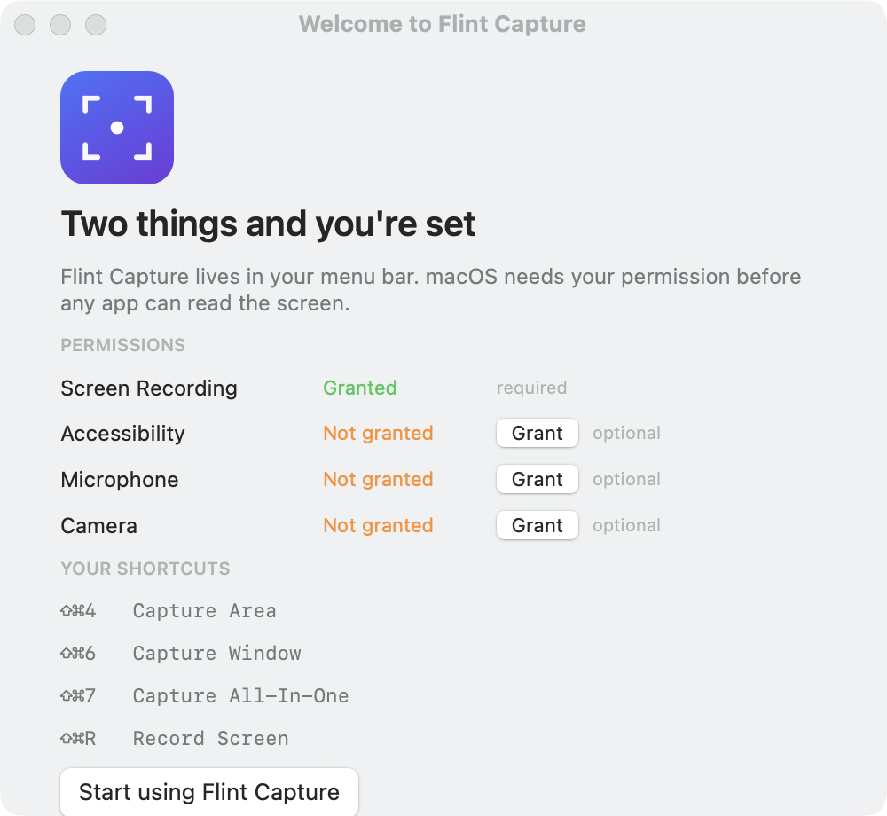 The Flint Capture welcome window listing required and optional macOS permissions with their current status, and the default shortcuts.